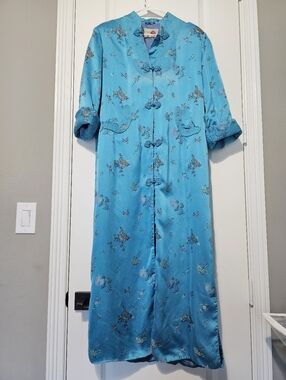 Vintage Womens Kimono Robe Size 40 Blue Duster Pockets Floral Full Lined Casual
